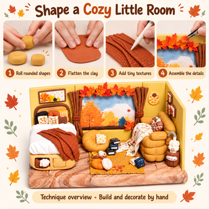 Clay techniques for rolling, flattening, texturing and assembling autumn room details
