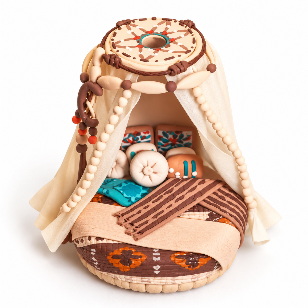 Island holiday round canopy daybed miniature made from lightweight clay - finished example