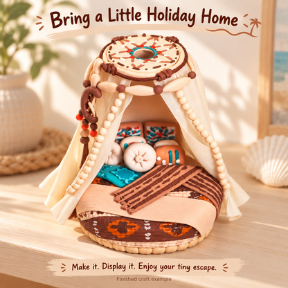 Finished island holiday clay daybed miniature displayed on a sunlit neutral shelf