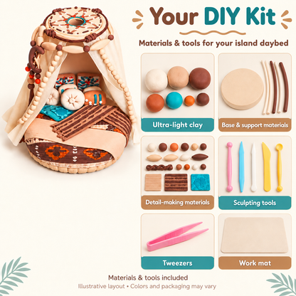 Illustrative overview of ultra-light clay, base materials, decoration materials and included tools