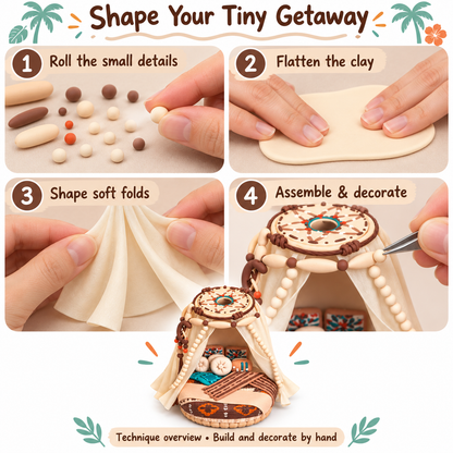Clay techniques for rolling beads, flattening sheets, sculpting curtain folds and decorating the daybed