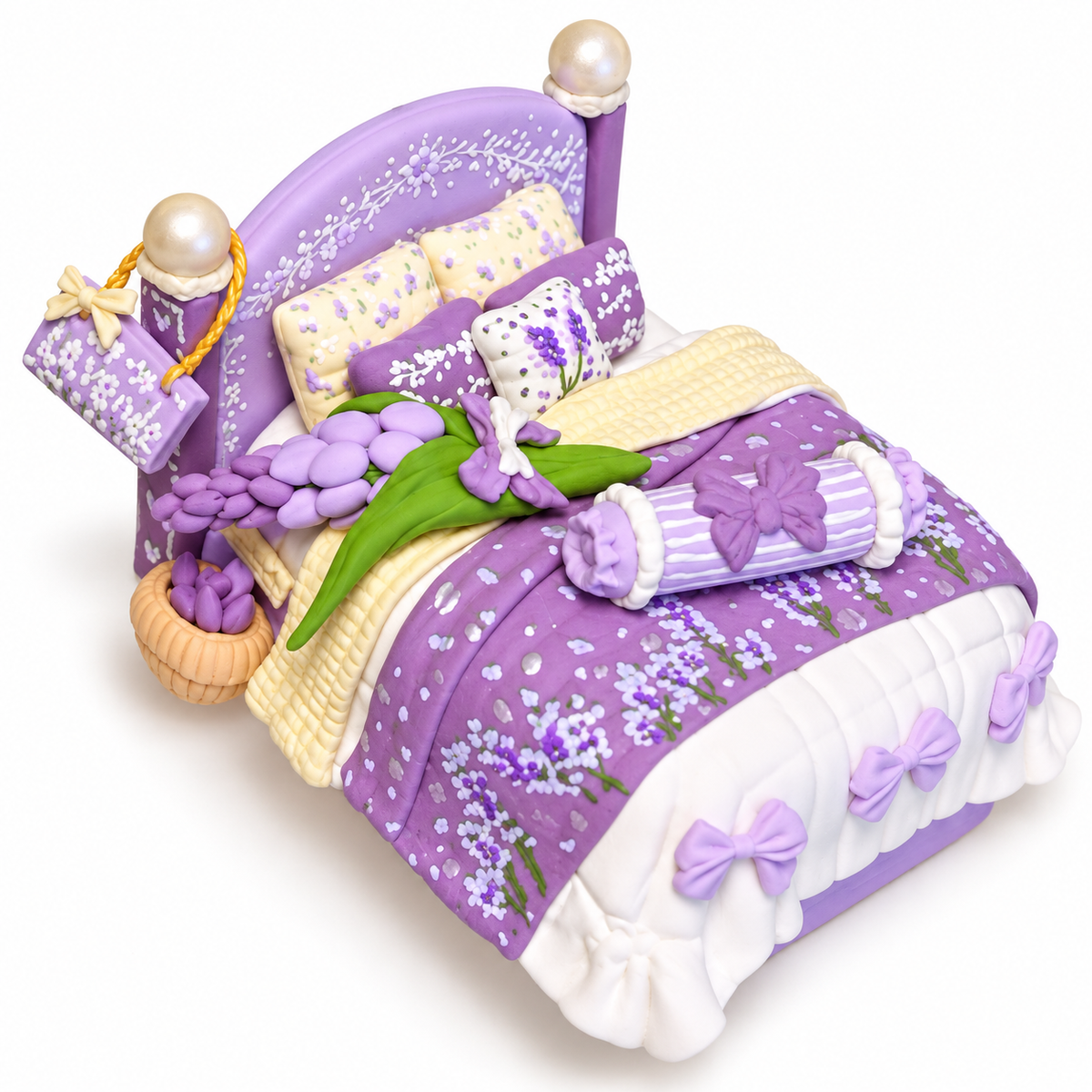 Purple floral miniature bed with bows, bouquet, basket and hanging handbag - finished clay craft example