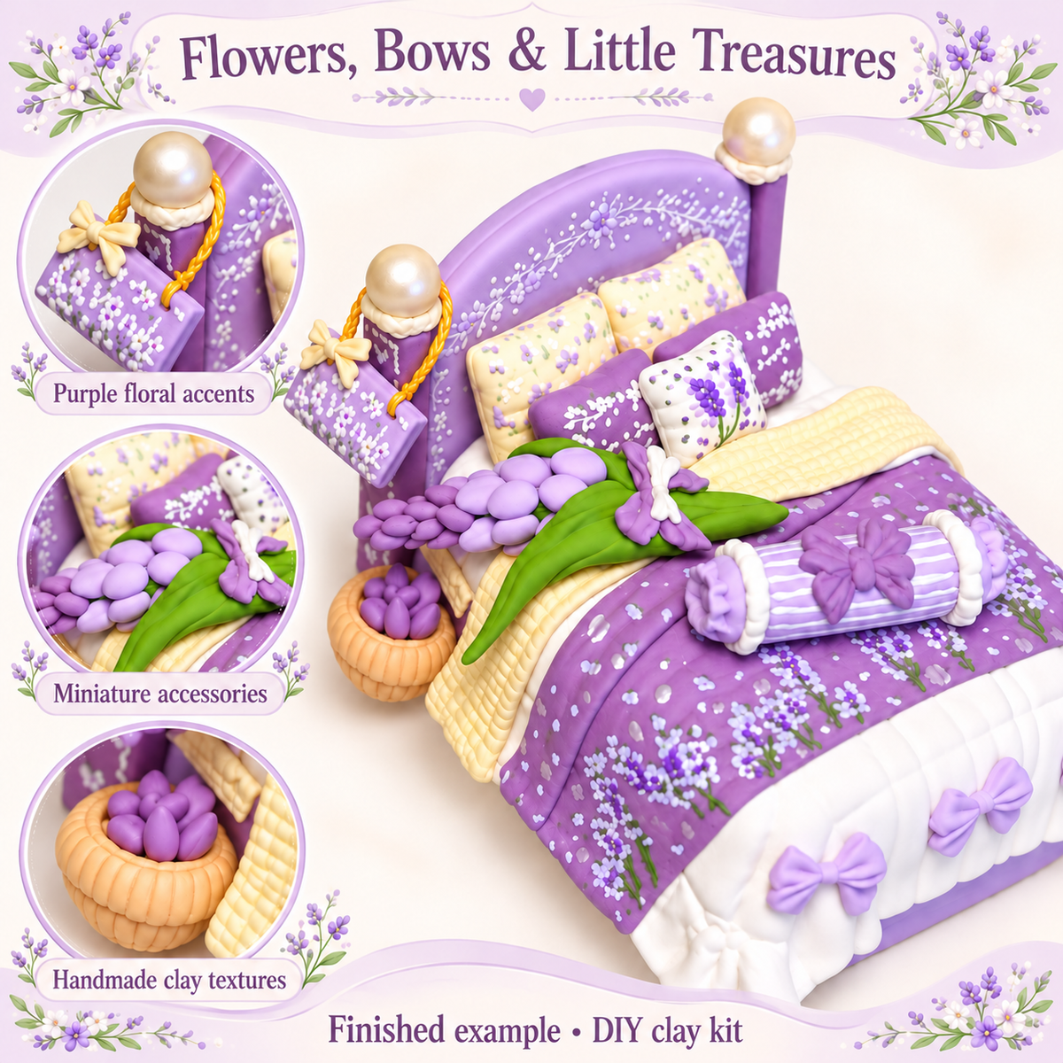 Purple flower bouquet, tan basket and lavender handbag details on the miniature bed