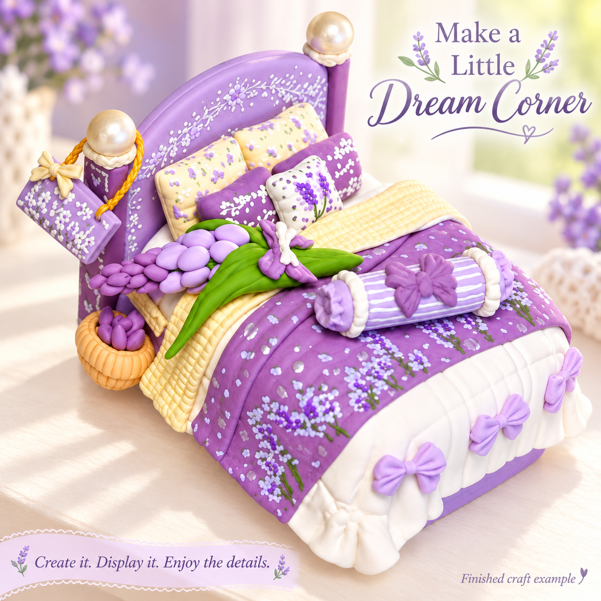 Purple floral bed clay miniature displayed on a neutral shelf