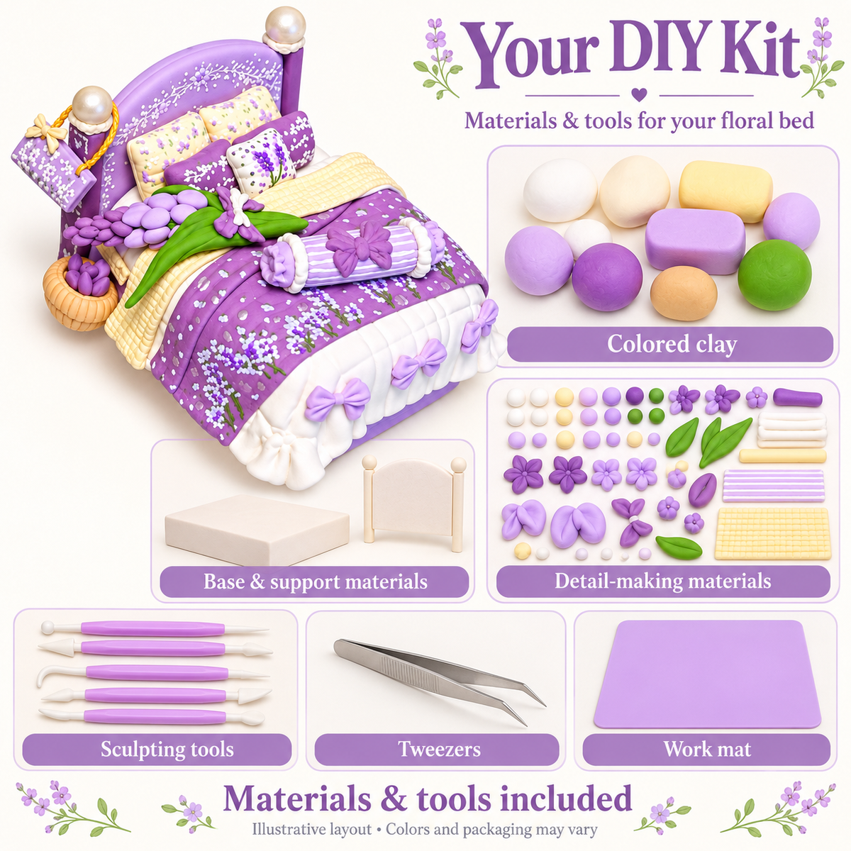 Illustrative overview of clay, base materials, floral-detail materials, sculpting tools, tweezers and work mat