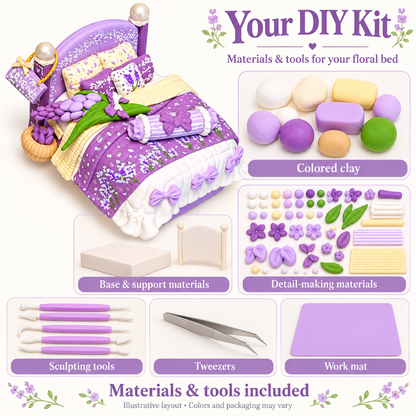 Illustrative overview of clay, base materials, floral-detail materials, sculpting tools, tweezers and work mat