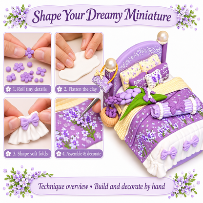 Clay techniques for tiny floral details, flattening, shaping folds and assembling the miniature bed