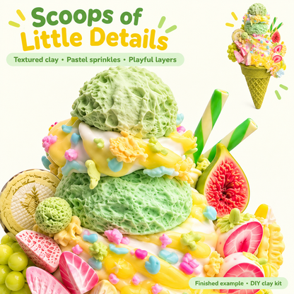 Close-up of textured green clay scoops, pastel sprinkles and striped wafer ornaments