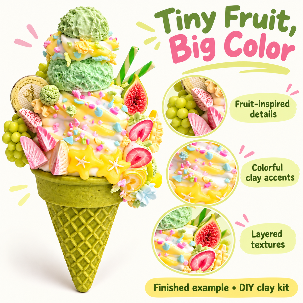 Miniature fruit decorations, pastel accents and yellow drips on a clay ice cream cone