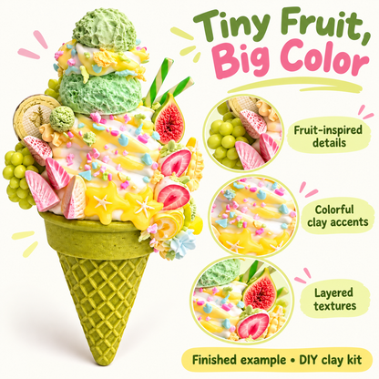 Miniature fruit decorations, pastel accents and yellow drips on a clay ice cream cone