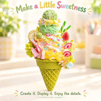 Finished fruit ice cream cone clay miniature displayed in a bright craft corner