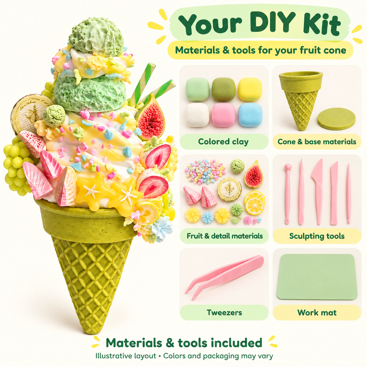 Illustrative clay kit overview with cone materials, fruit-detail materials and included craft tools