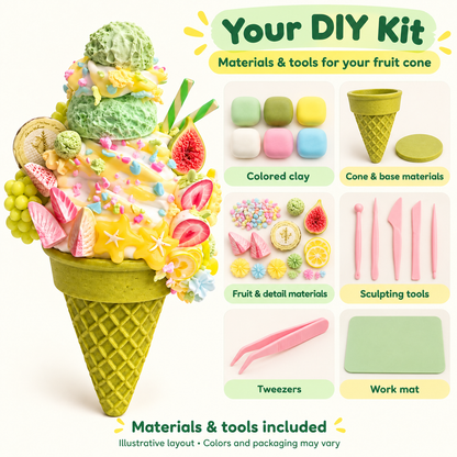 Illustrative clay kit overview with cone materials, fruit-detail materials and included craft tools
