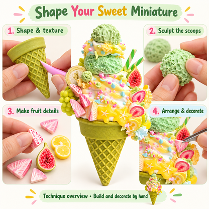 Clay techniques for waffle texture, sculpted scoops, miniature fruit accents and decorating