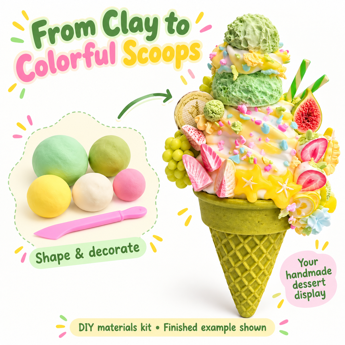 From colored clay to a handmade pastel fruit ice cream cone display