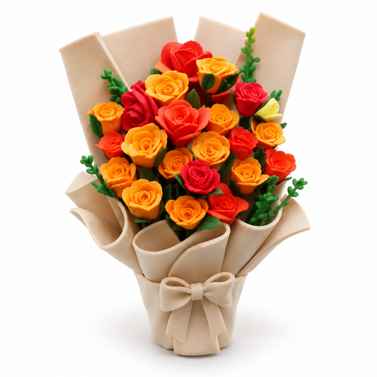 Sunset rose bouquet clay craft finished example with red and orange roses, green leaves and beige wrap