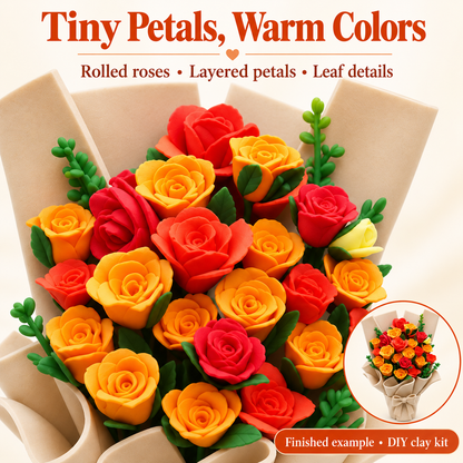 Close-up of rolled clay rose petals in red, orange and yellow with green leaves