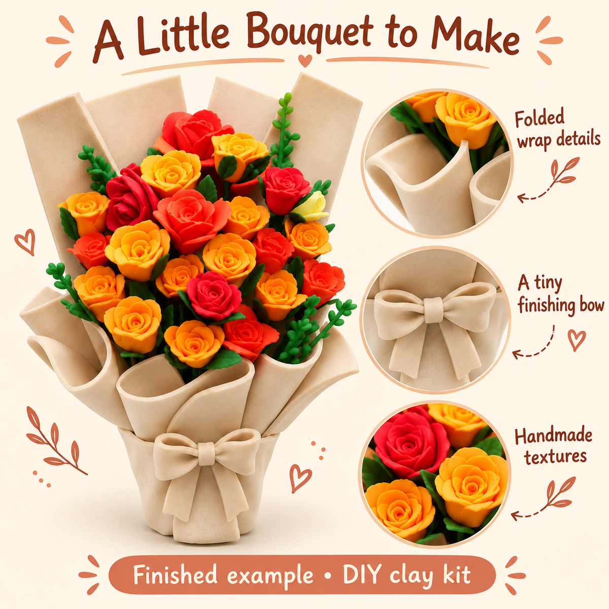 Folded beige bouquet wrap, short handle and small matching bow
