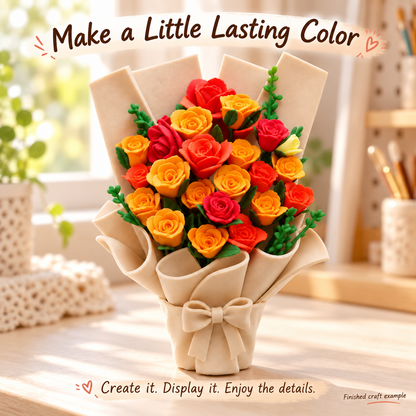 Miniature clay rose bouquet displayed on a warm neutral craft shelf
