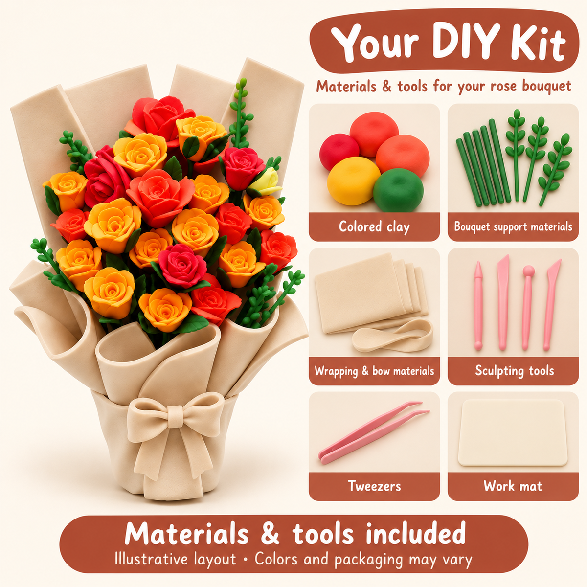 Illustrative overview of clay, bouquet support and wrapping materials with sculpting tools, tweezers and work mat