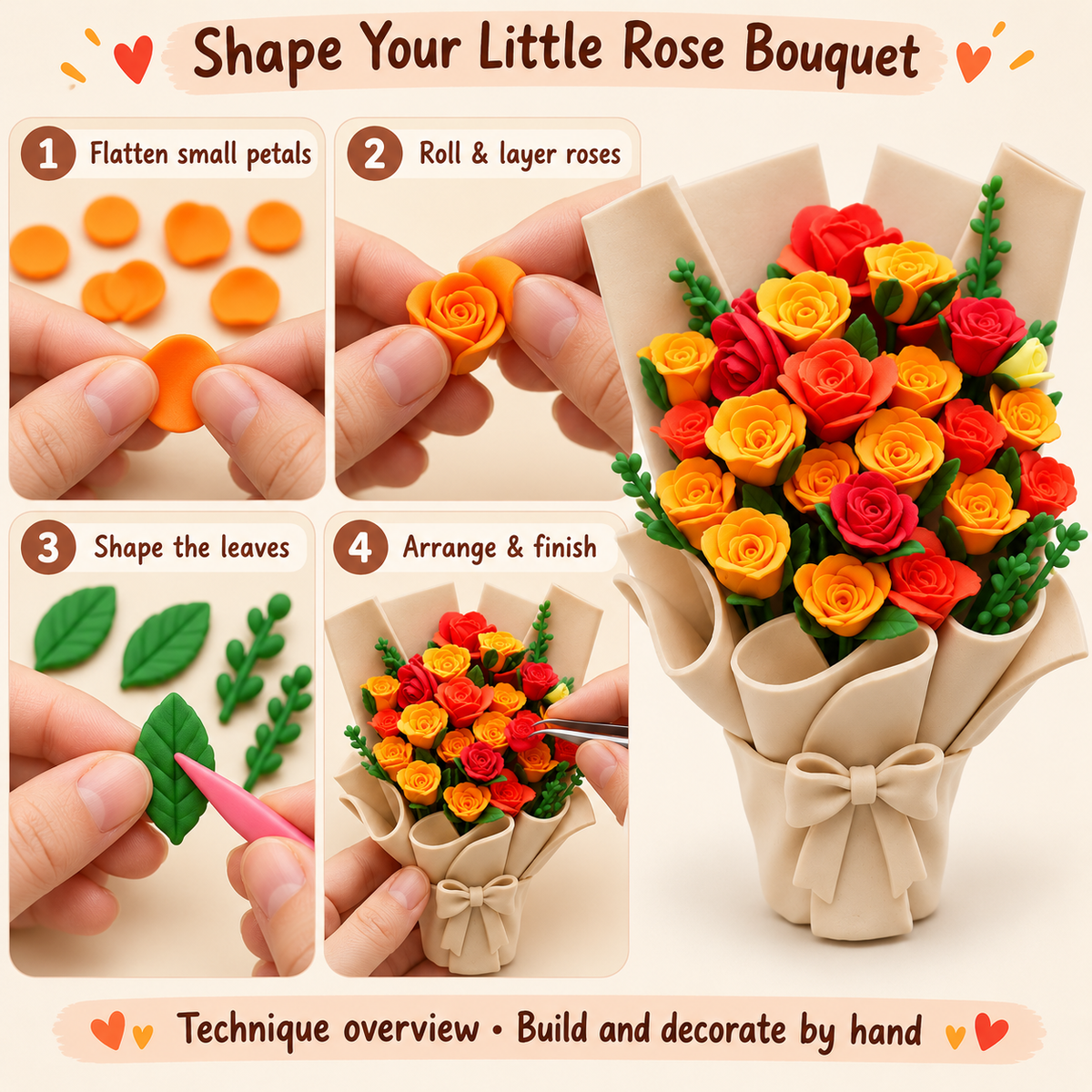 Clay techniques for flattening petals, rolling roses, shaping leaves and arranging a bouquet