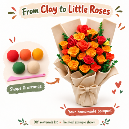 From colored clay to a handmade sunset-colored rose bouquet
