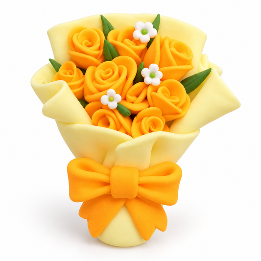Golden yellow rose clay bouquet finished example with cream wrap and large orange bow