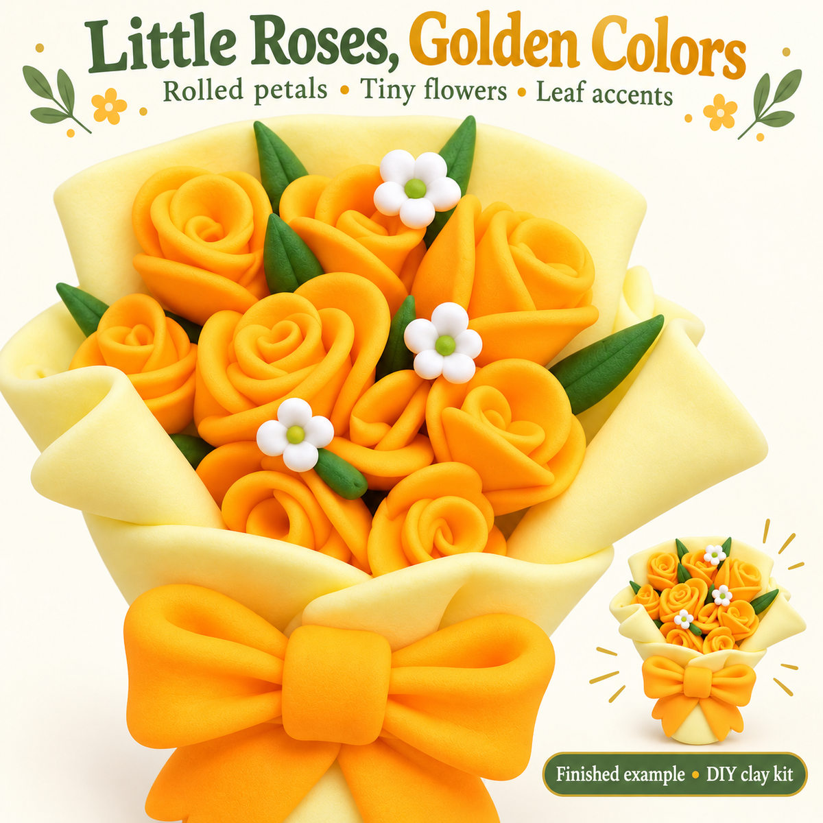 Close-up of golden clay roses, tiny white flowers and green leaf accents