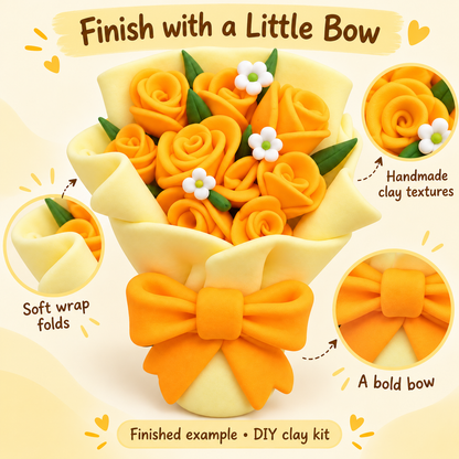 Large orange bow, hanging tails and folded cream-yellow bouquet wrapping