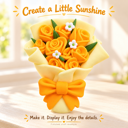 Golden rose clay bouquet displayed on a sunny neutral craft shelf
