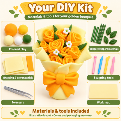 Illustrative clay kit overview with bouquet supports, wrapping and bow materials and included tools
