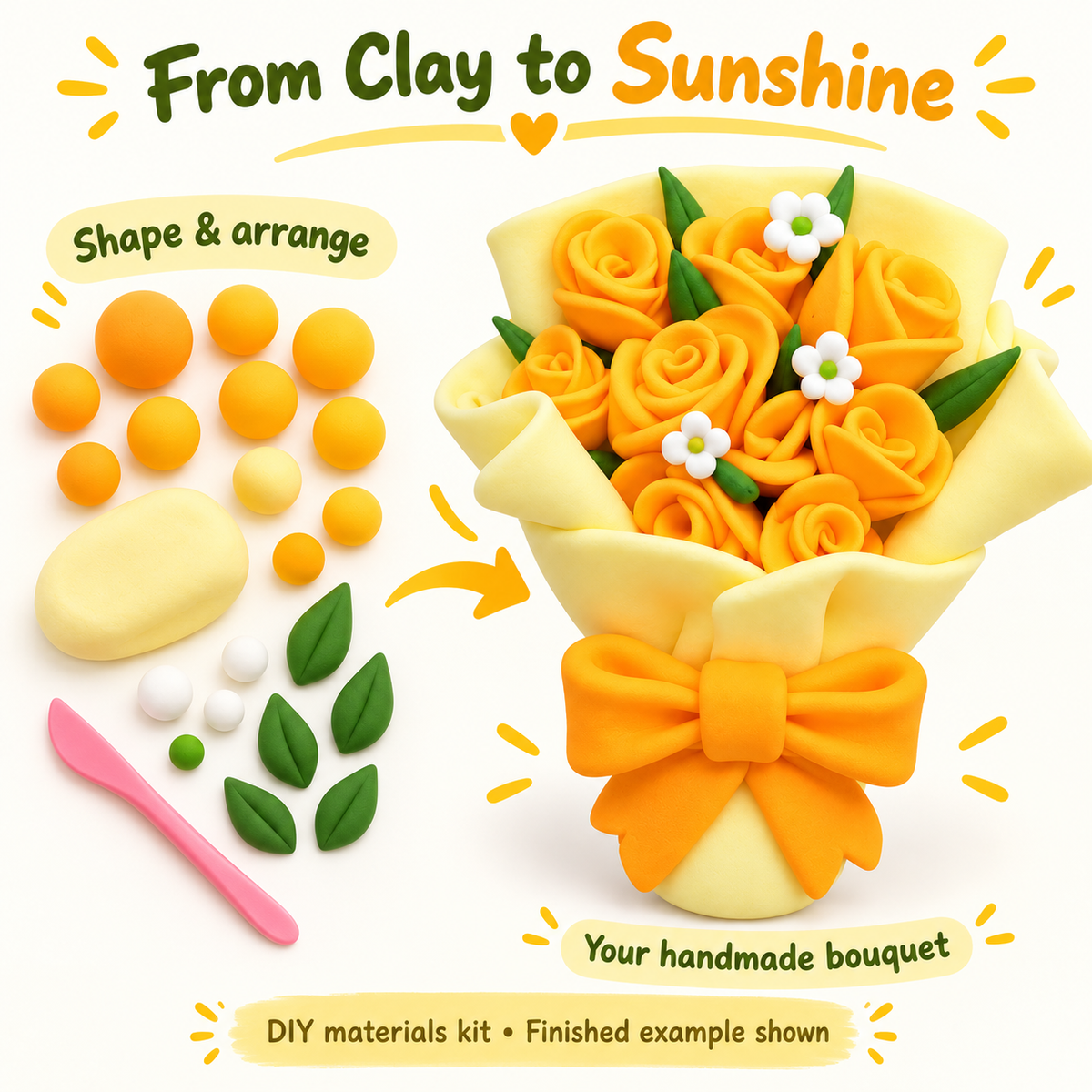 From colored clay to a handmade golden rose bouquet with orange bow