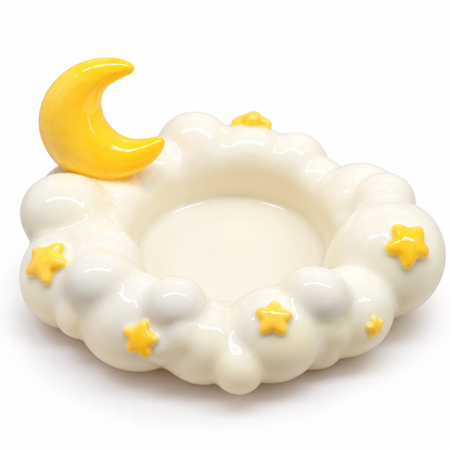 Moon and star cloud clay holder finished example with empty center; candle not included
