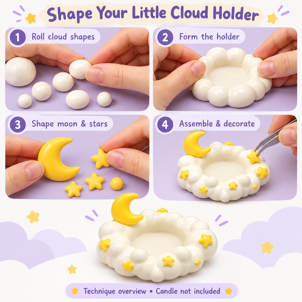 Clay techniques for rounded clouds, forming an empty center and adding moon and star details
