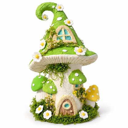 Daisy mushroom castle clay craft with green curled roof, ivory house, blue windows and flowers on white.