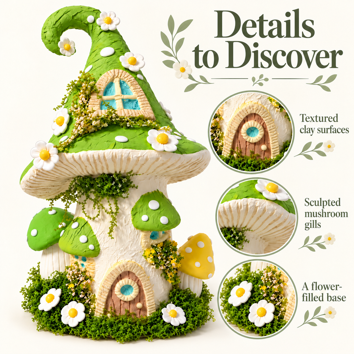 Arched door, textured mushroom gills, little mushrooms and floral base details.