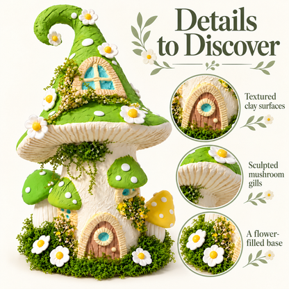 Arched door, textured mushroom gills, little mushrooms and floral base details.