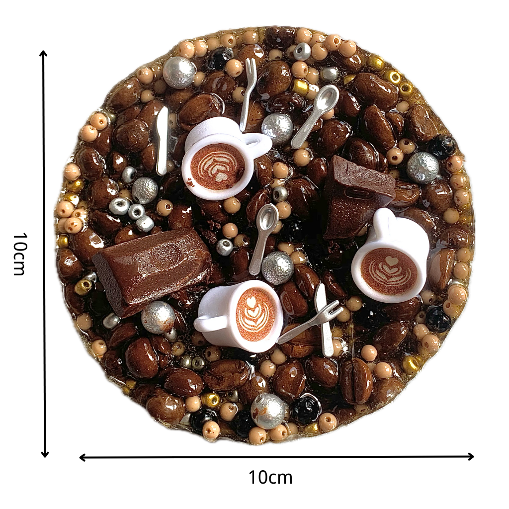 Close up top view of the 10cm coffee-themed picky pad embedded with realistic coffee beans and latte cups.
